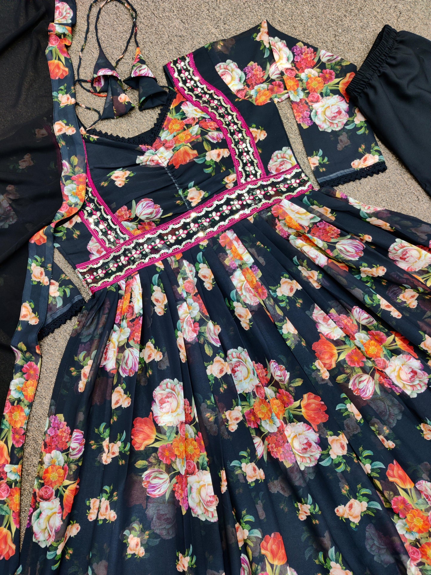 Wonderful Multi Flower Print With Work Black Anarkali Suit