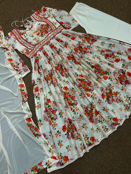 Wonderful Multi Flower Print With Work White Anarkali Suit