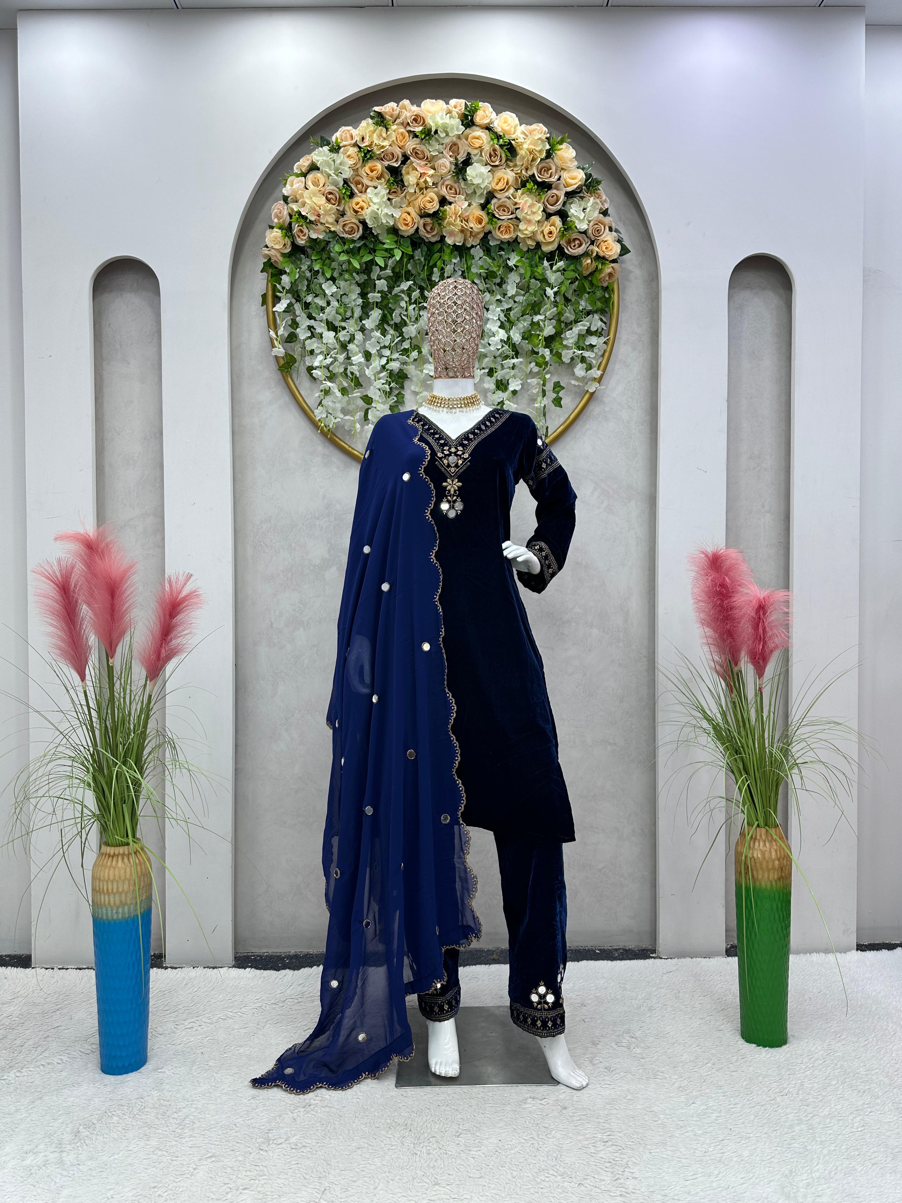 Alia Bhatt Style Navy Blue Velvet Designer Suit