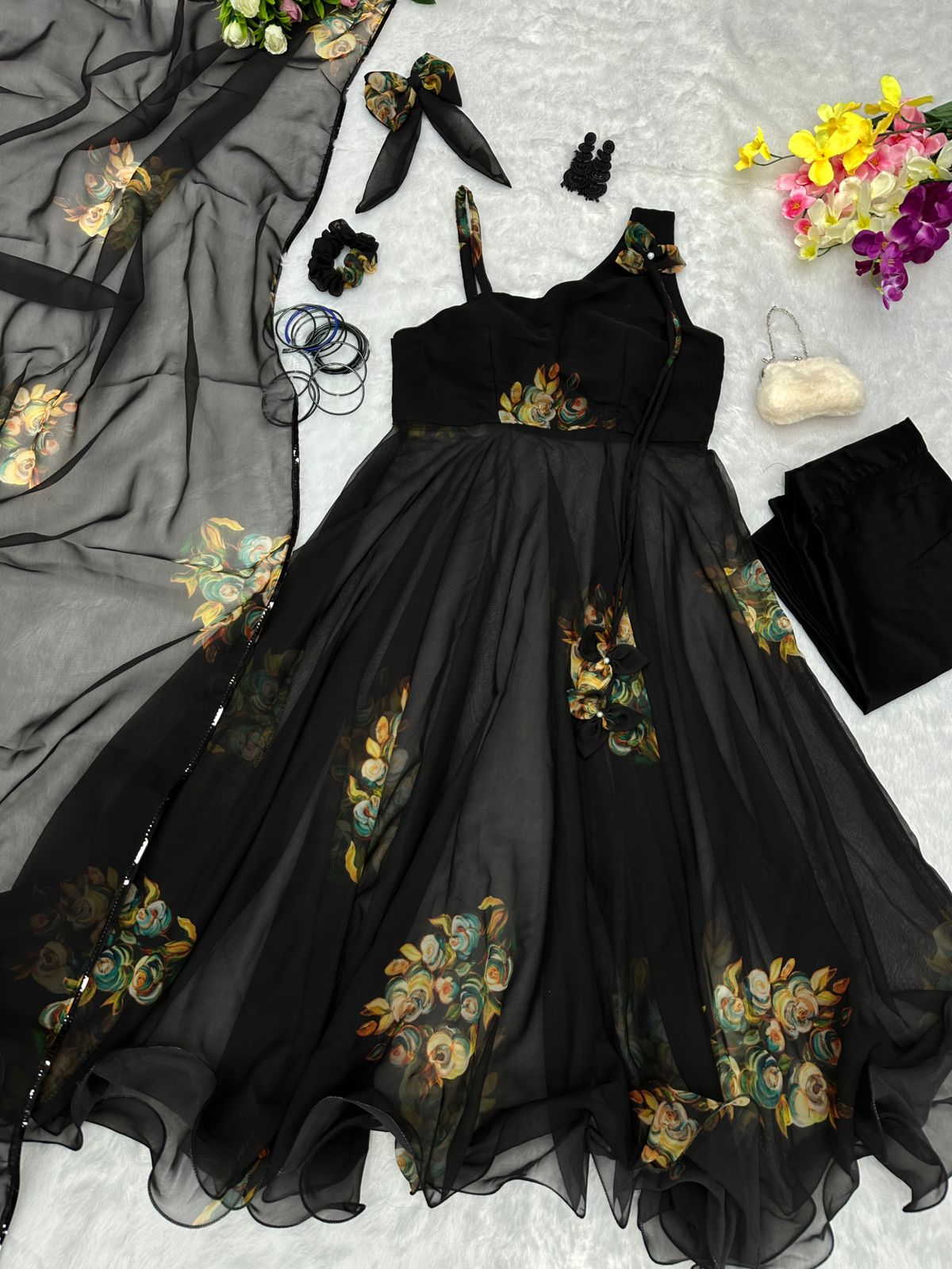 Latest Design Flower Print Black Color Anarkali Suit