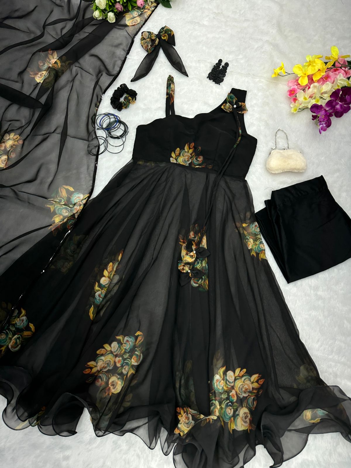 Latest Design Flower Print Black Color Anarkali Suit