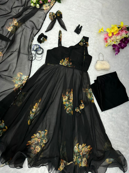 Latest Design Flower Print Black Color Anarkali Suit