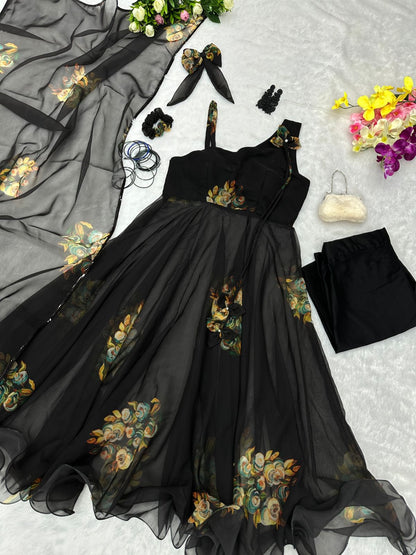 Latest Design Flower Print Black Color Anarkali Suit