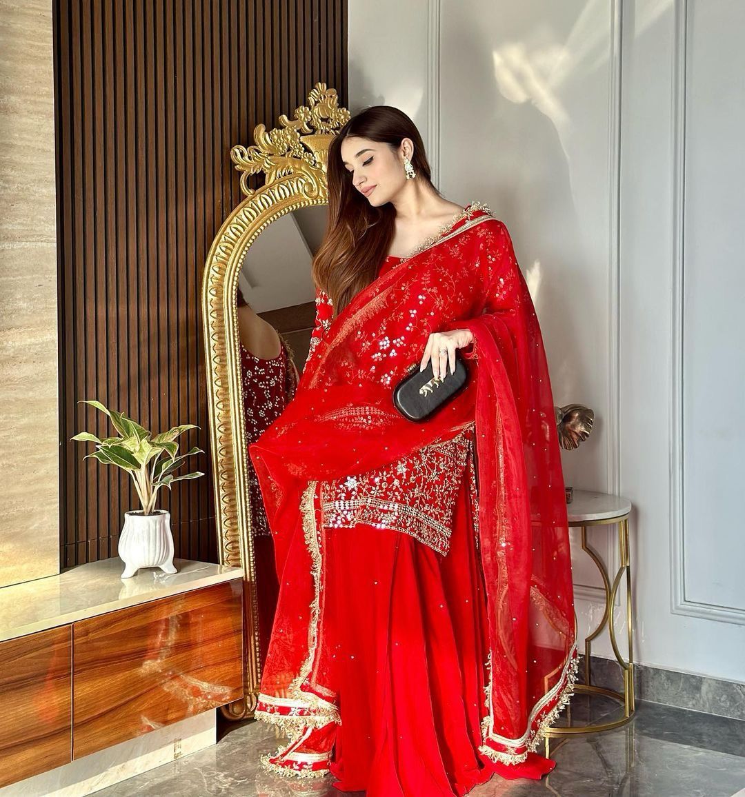 Wedding Wear Embroidery Sequins Work Red Sharara Suit