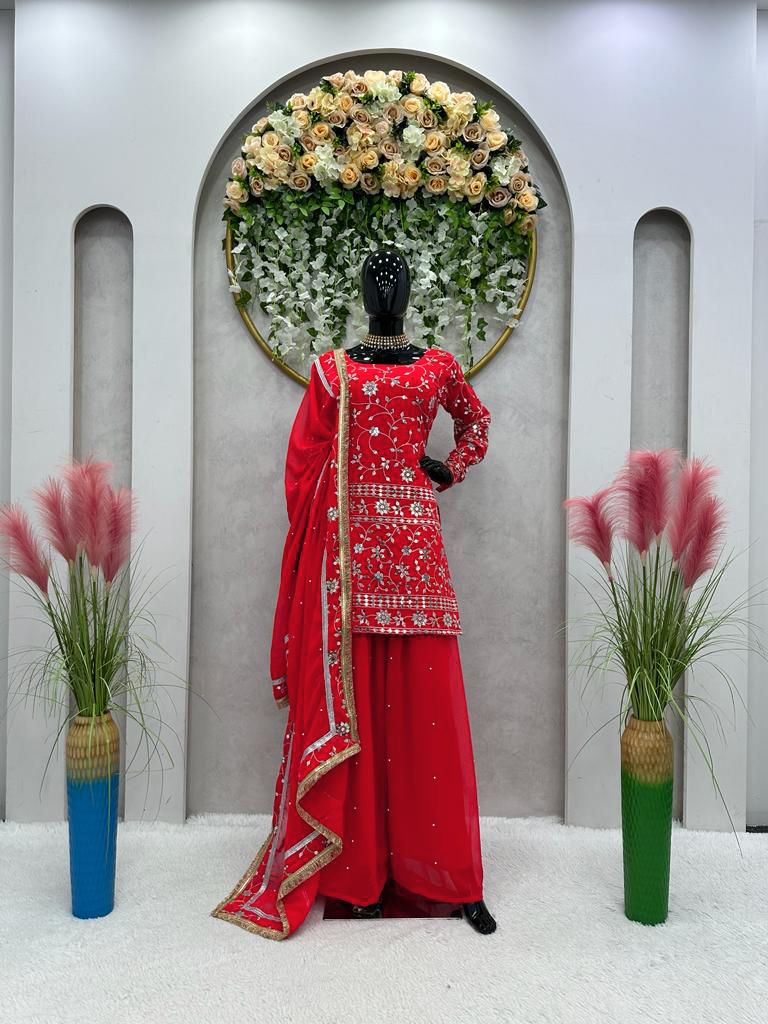 Wedding Wear Embroidery Sequins Work Red Sharara Suit