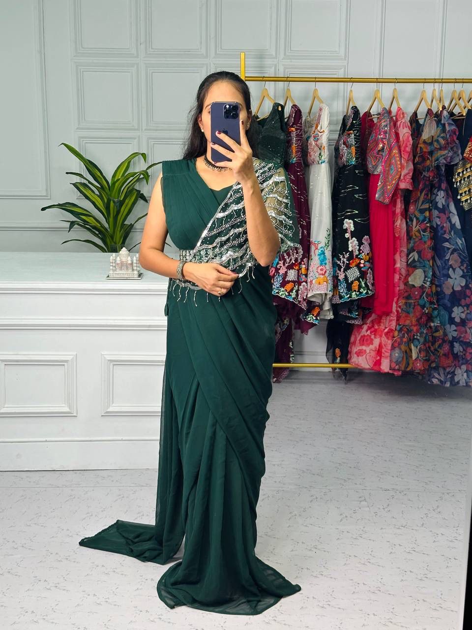 Pretty Ready To Wear Dark Green Saree With Khatli Work Shrug