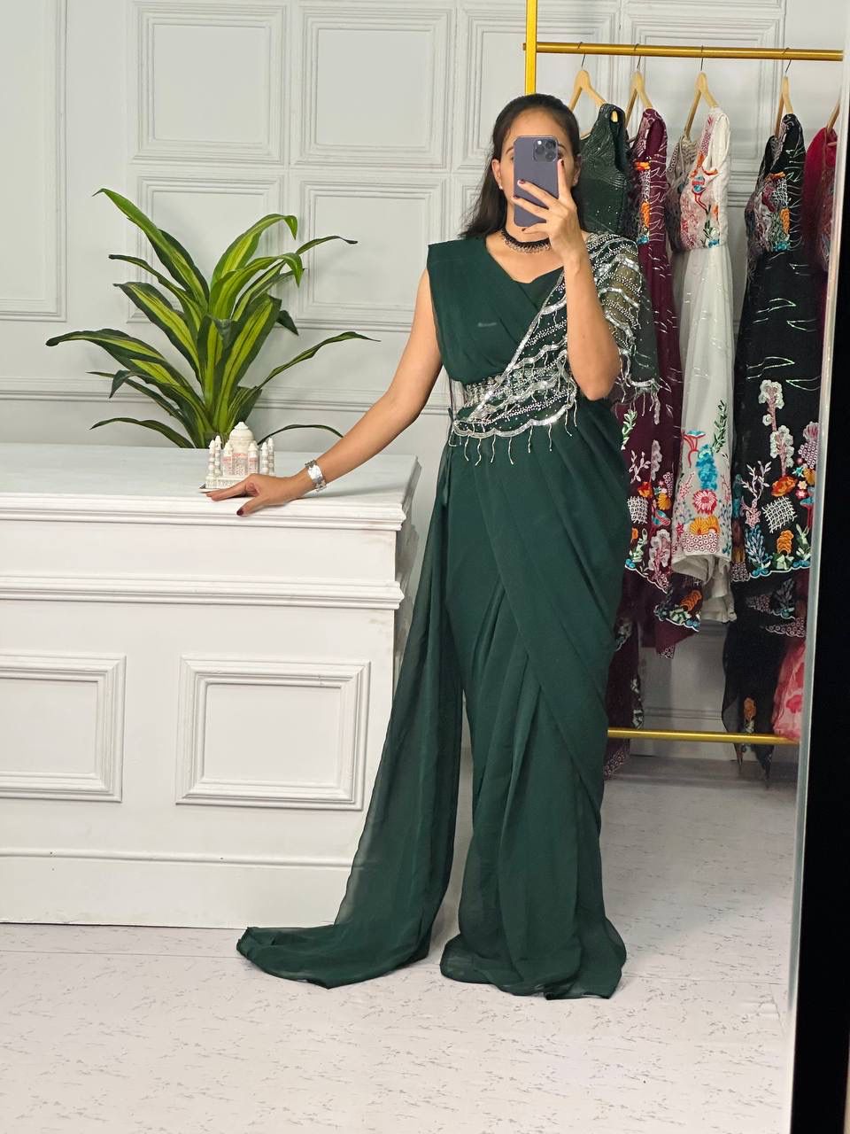 Pretty Ready To Wear Dark Green Saree With Khatli Work Shrug