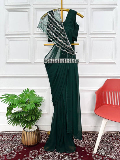 Pretty Ready To Wear Dark Green Saree With Khatli Work Shrug