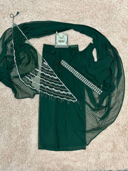 Pretty Ready To Wear Dark Green Saree With Khatli Work Shrug