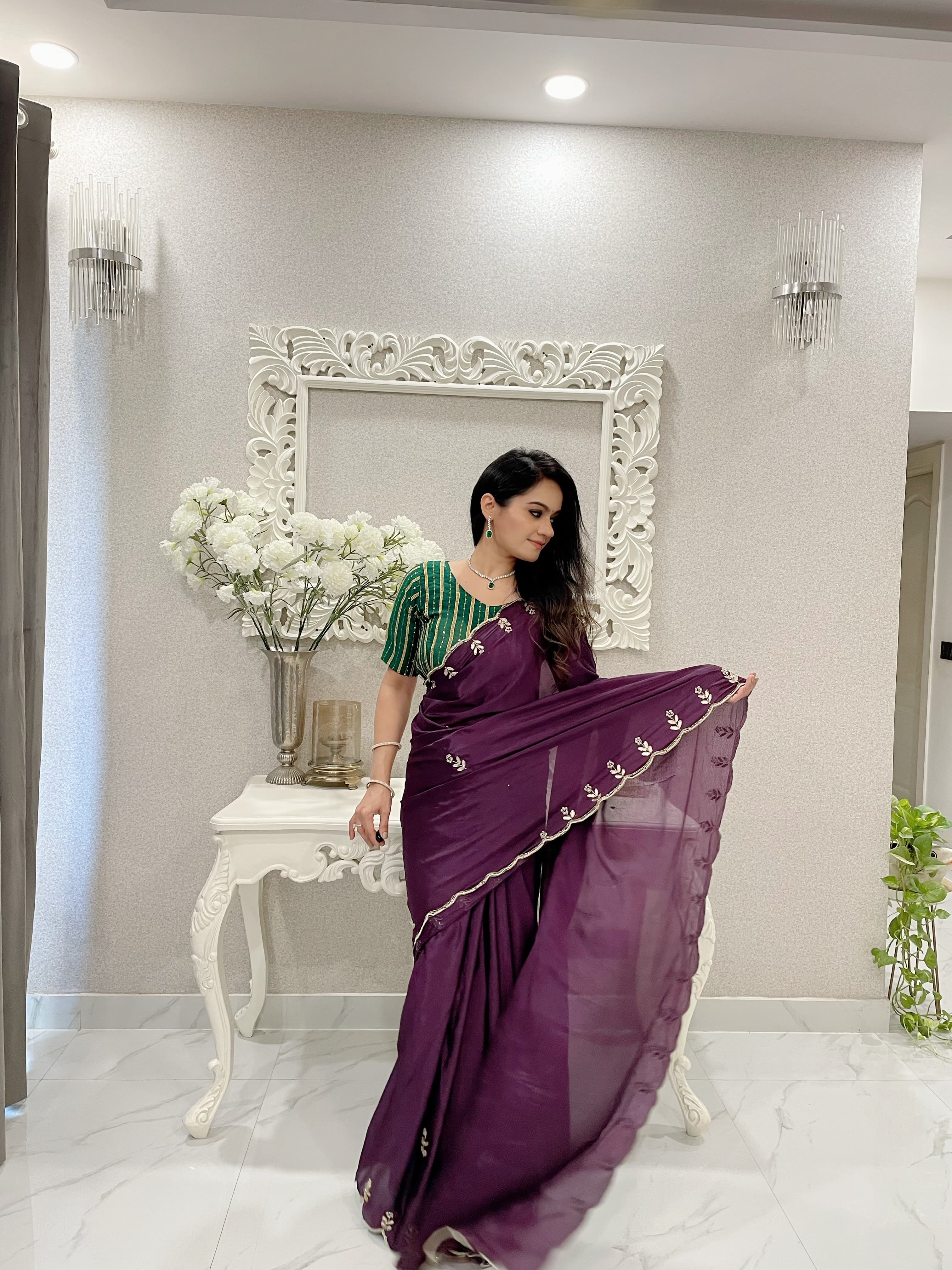 Chinnon Silk Hand Work Purple Color Festive Wear Saree