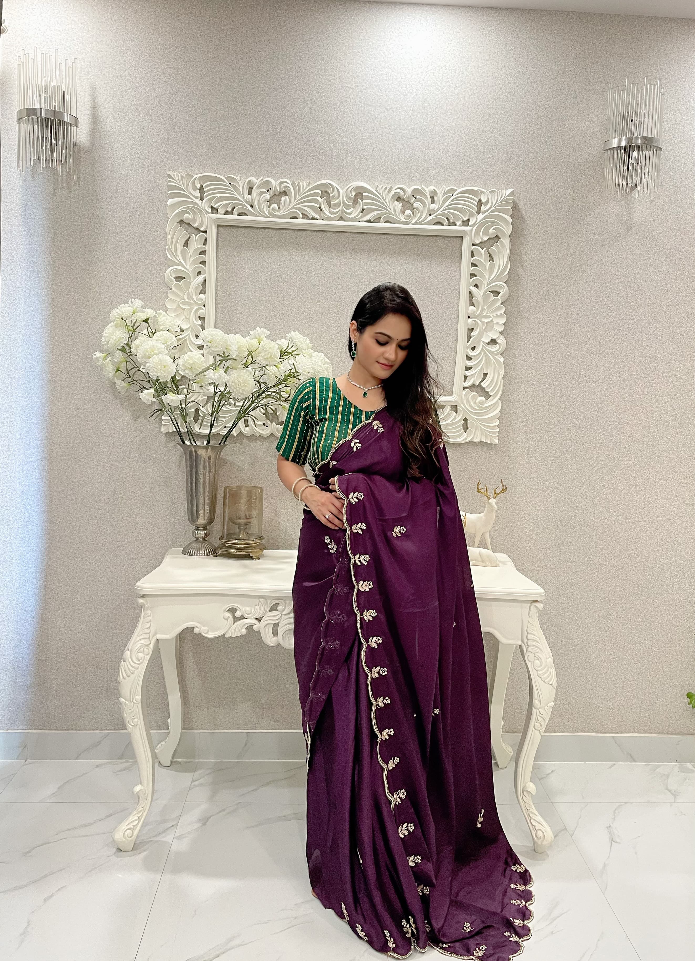 Chinnon Silk Hand Work Purple Color Festive Wear Saree