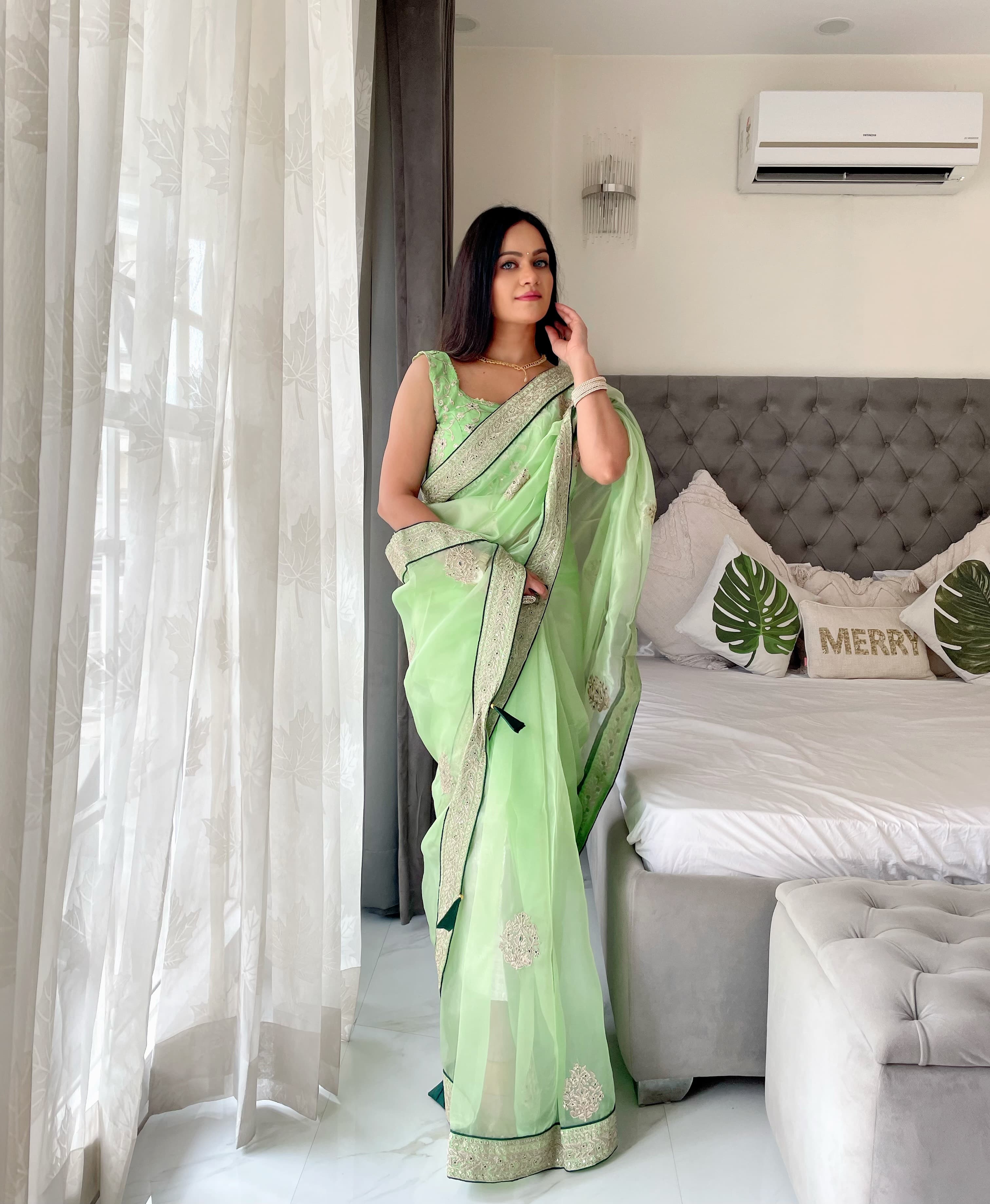 Pista Green Organza Silk saree with sequins work