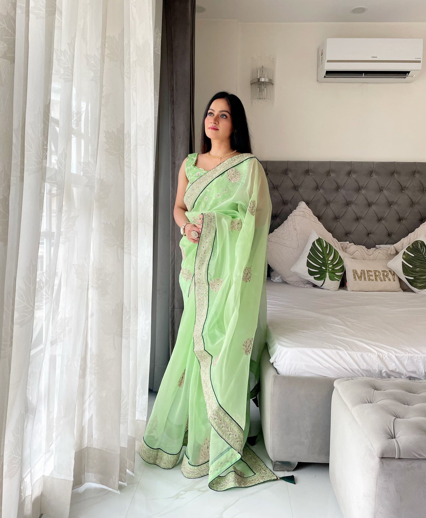 Beautiful Pista Green Color Sequence Work Organza Silk Saree