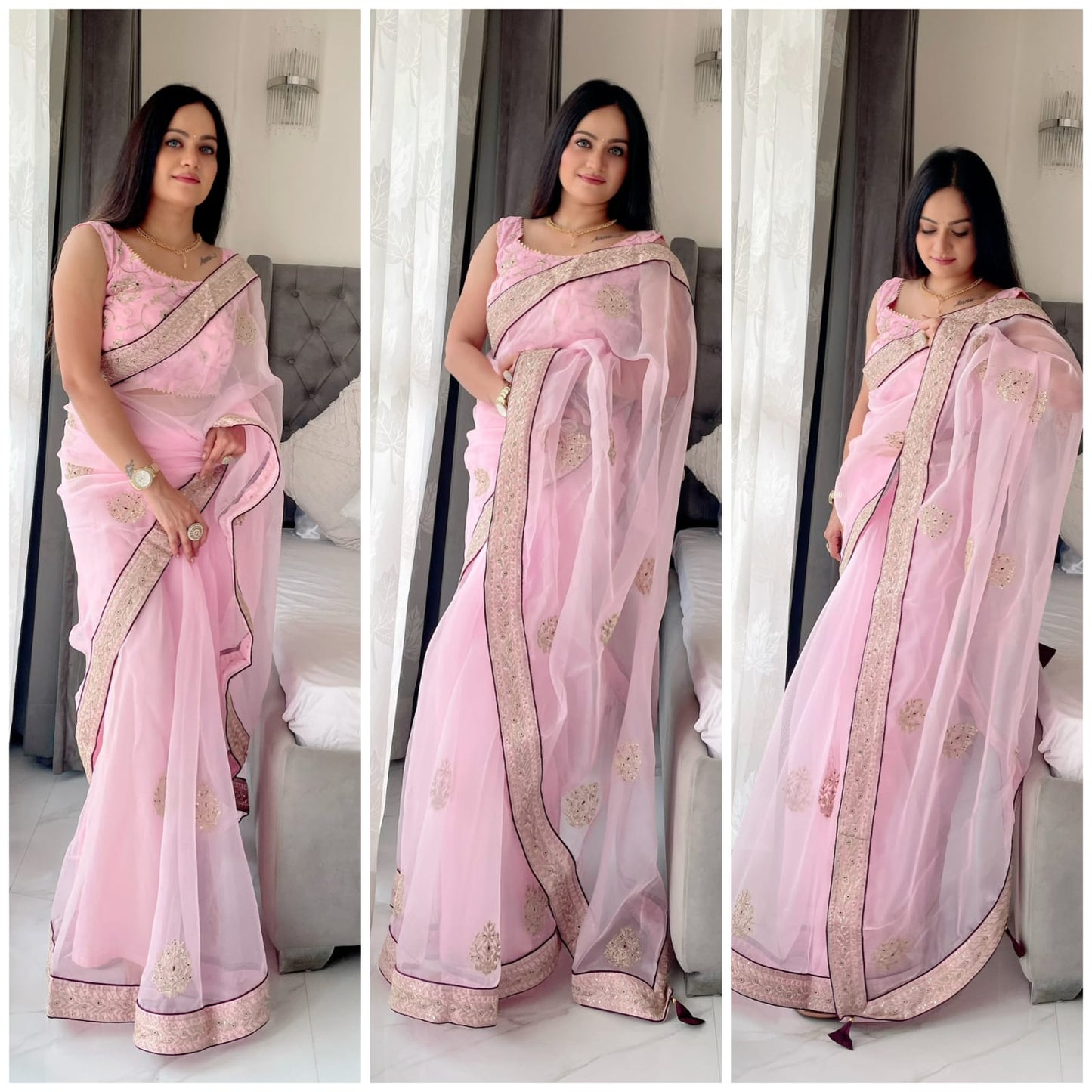 Beautiful Light Pink Color Sequence Work Organza Silk Saree