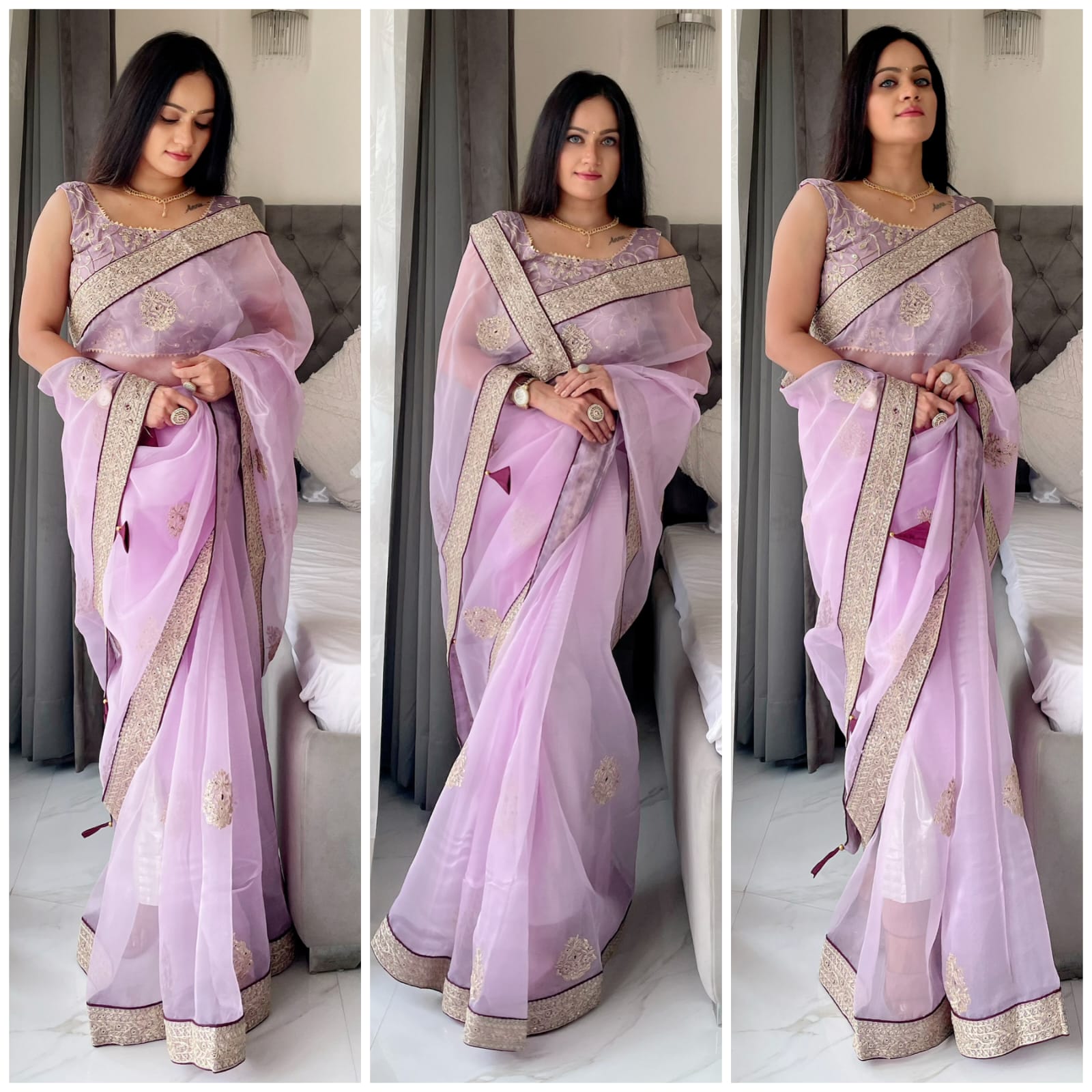 Beautiful Lavender Color Sequence Work Organza Silk Saree