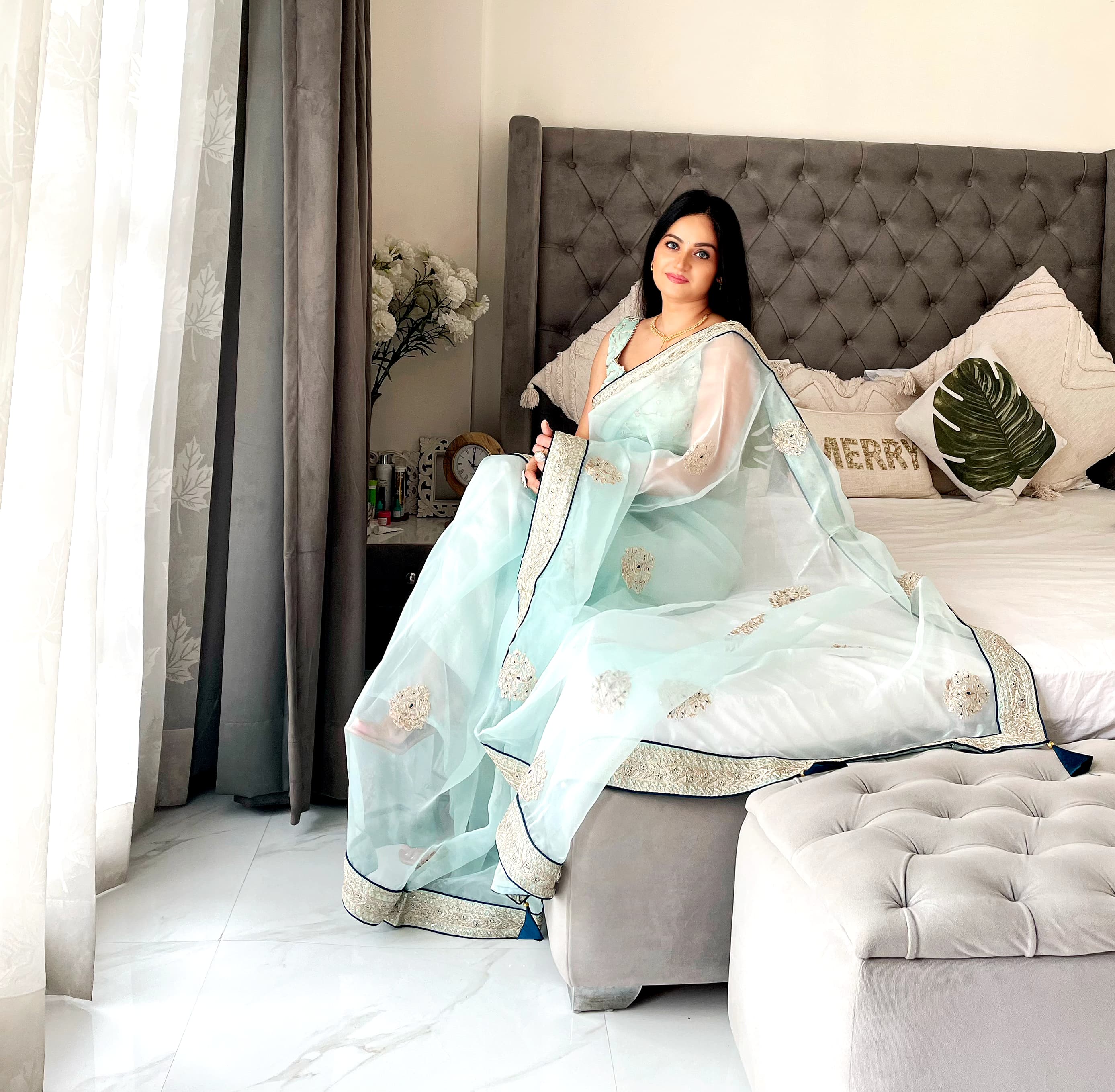 Beautiful Sky Blue Color Sequence Work Organza Silk Saree