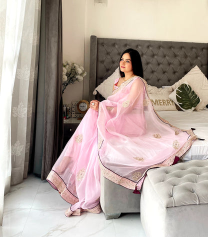 Beautiful Light Pink Color Sequence Work Organza Silk Saree