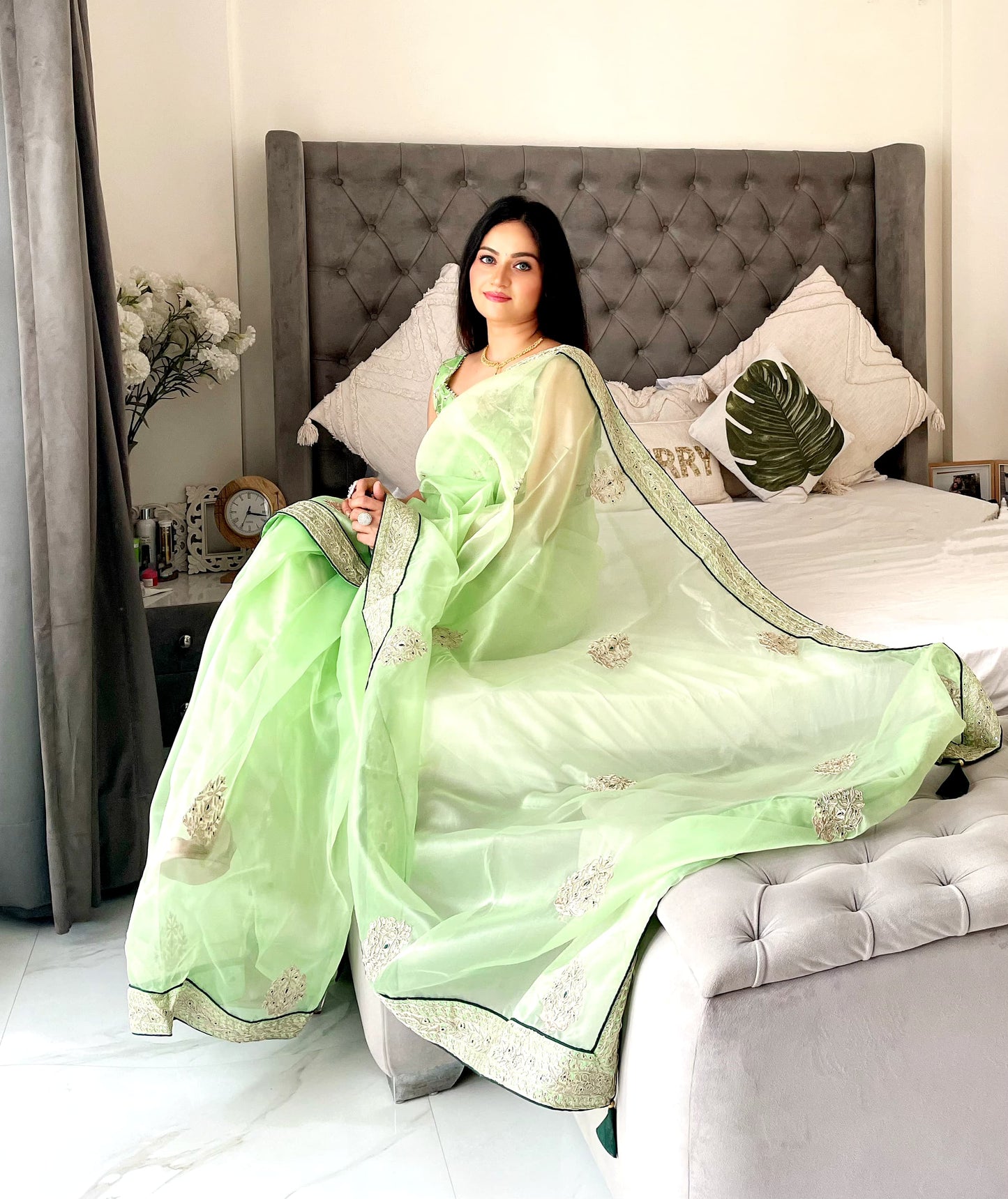 Beautiful Pista Green Color Sequence Work Organza Silk Saree