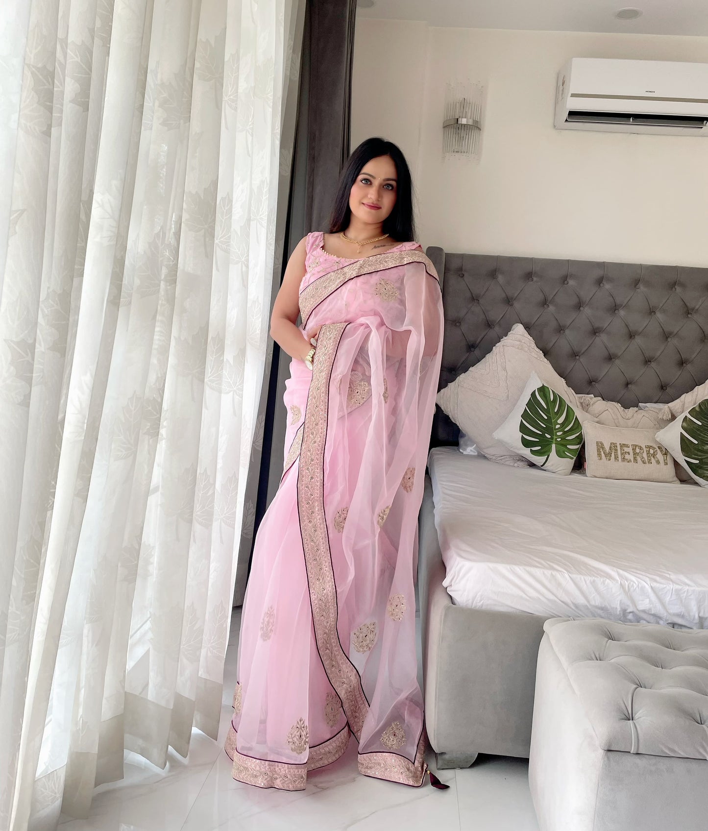 Beautiful Light Pink Color Sequence Work Organza Silk Saree