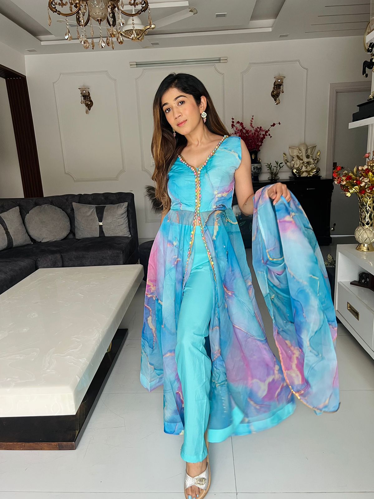 Digital Printed Sky Blue Color Organza Anarkali Suit