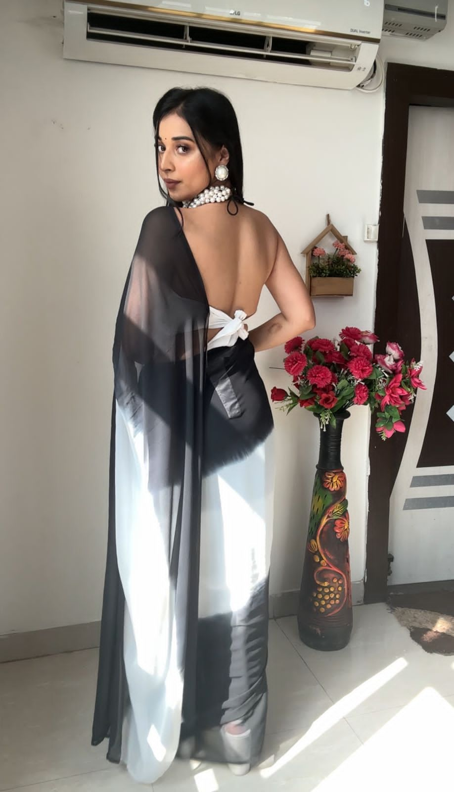 Printed Georgette Black And White Color Ready To Wear Saree