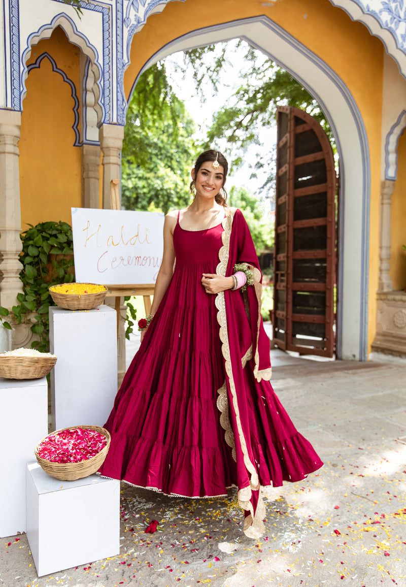 Wine Anarkali Georgette Gown With Beautiful Work Dupatta