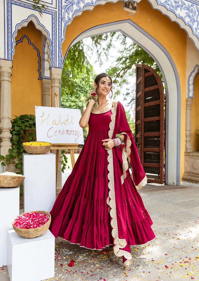 Wine Anarkali Georgette Gown With Beautiful Work Dupatta