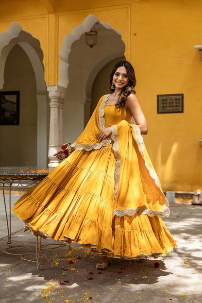 Yellow Anarkali Georgette Gown With Beautiful Work Dupatta