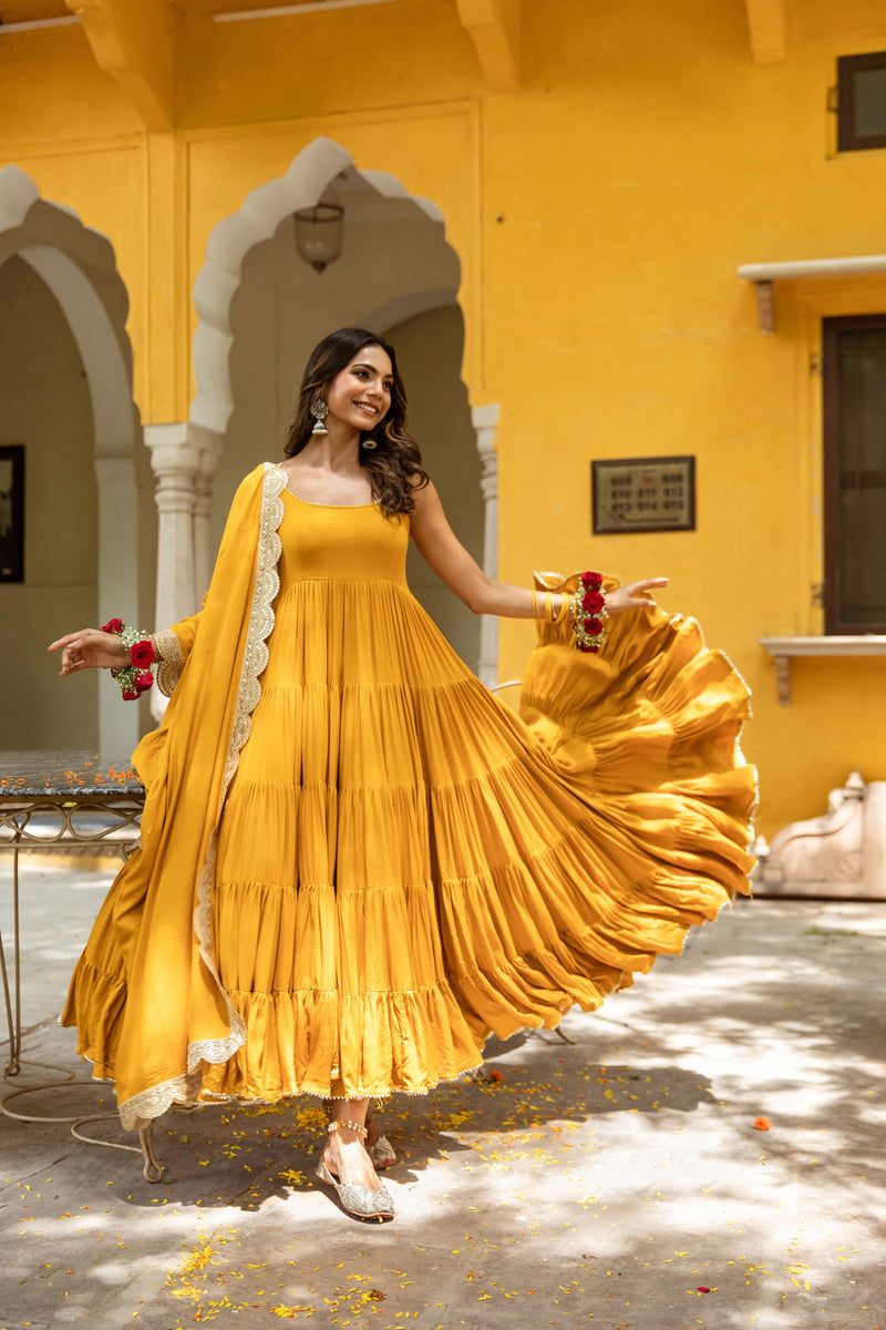 Yellow Anarkali Georgette Gown With Beautiful Work Dupatta