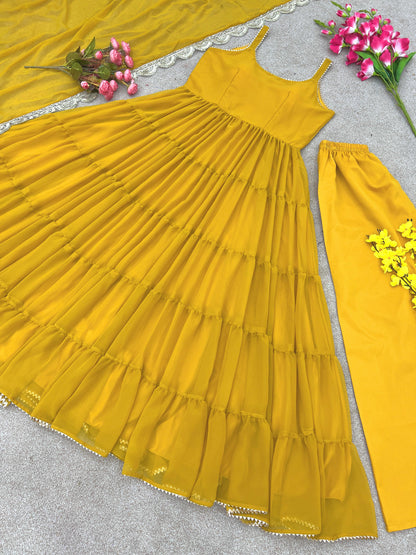 Yellow Anarkali Georgette Gown With Beautiful Work Dupatta