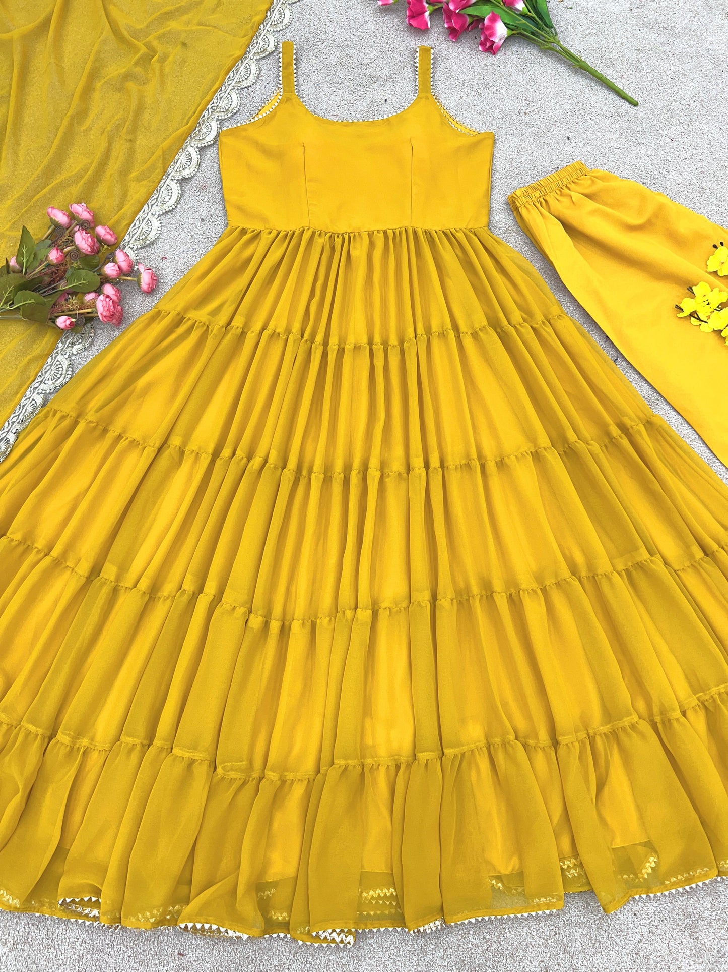 Yellow Anarkali Georgette Gown With Beautiful Work Dupatta