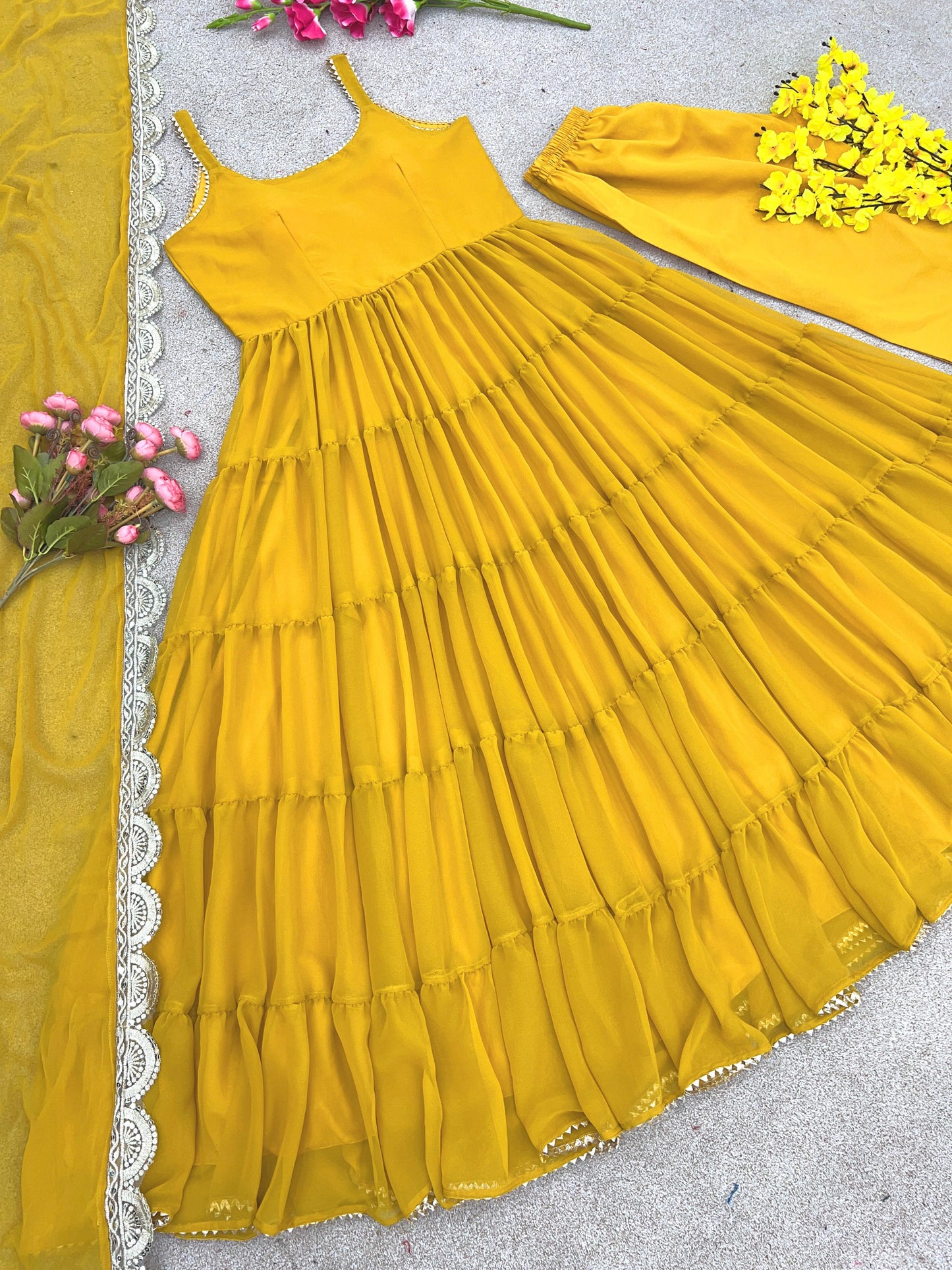 Yellow Anarkali Georgette Gown With Beautiful Work Dupatta