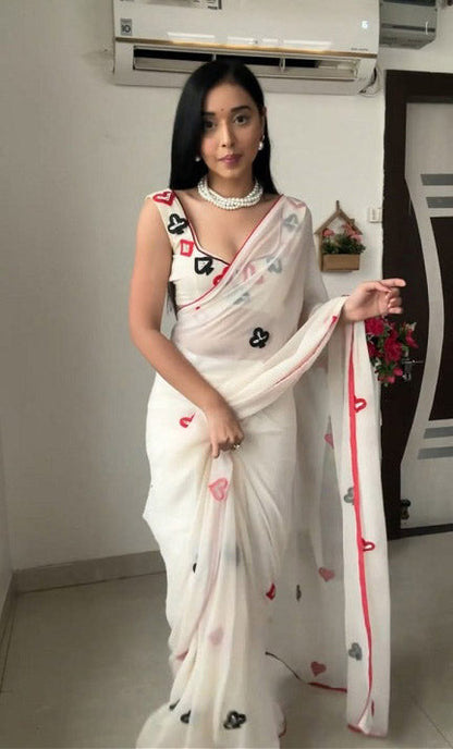 Ready To Wear White Color Embroidery Work Saree