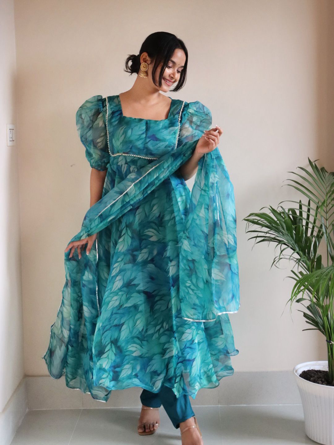 Casual Wear Aqua Green Organza Digital Printed Anarkali Suit