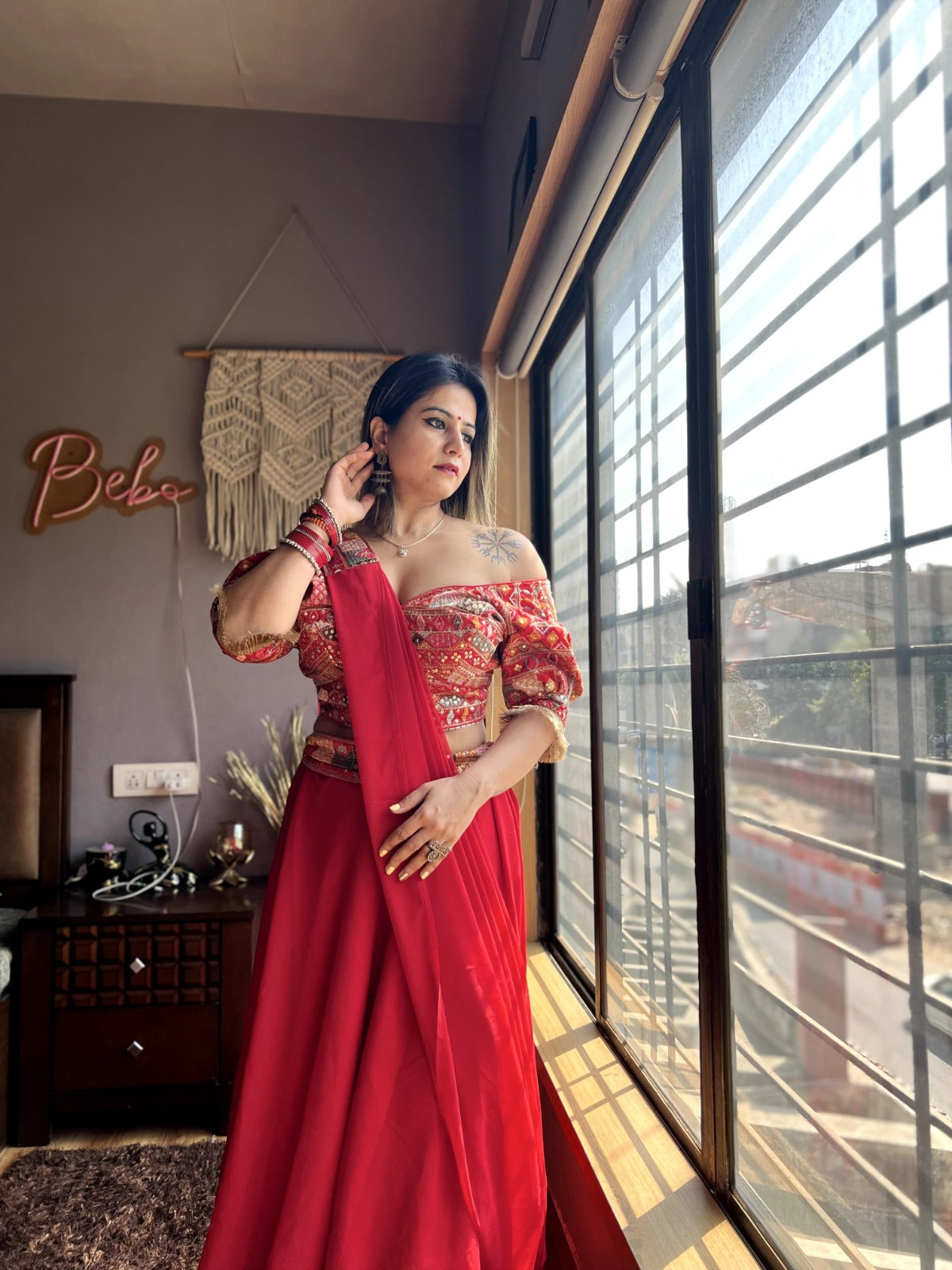 Buy Stylish Red Silk Indo Western Lehenga with Maroon Shirt Online