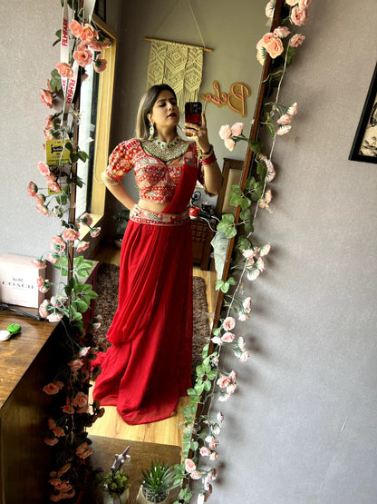 Attractive Red Color Indo Western Lehenga Style Dress