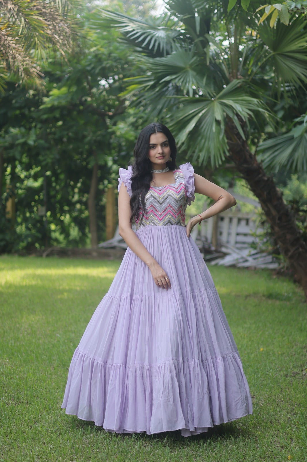 Party Wear Embroidered Work Lavender Color Long Gown