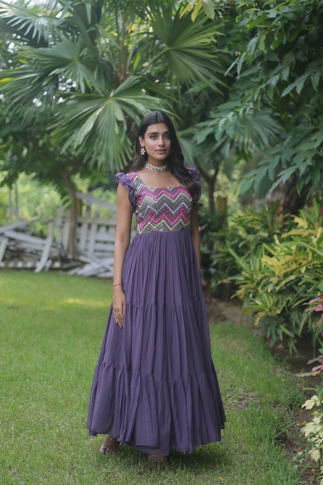 Party Wear Embroidered Work Purple Color Long Gown