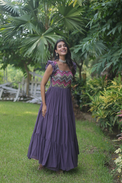 Party Wear Embroidered Work Purple Color Long Gown