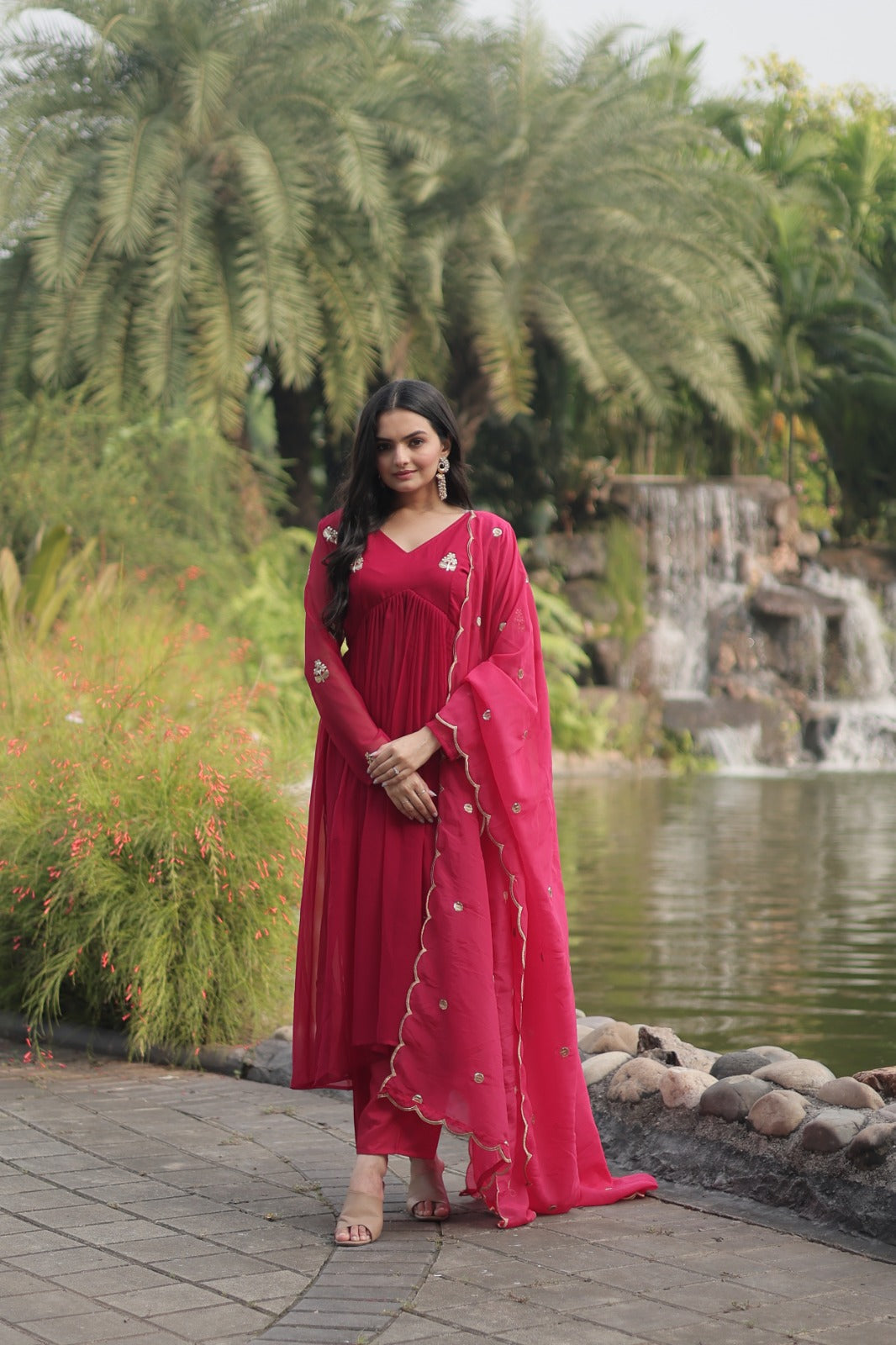 Fancy Pink Embroidery Work Beautiful Kurti pant With dupatta