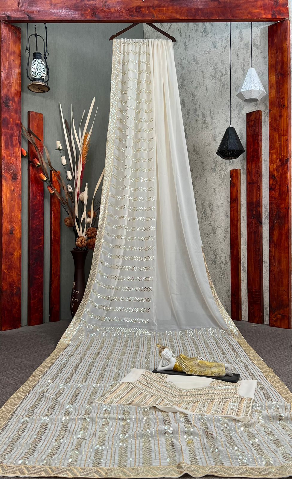 Wedding Wear Sequence Work White Color Saree