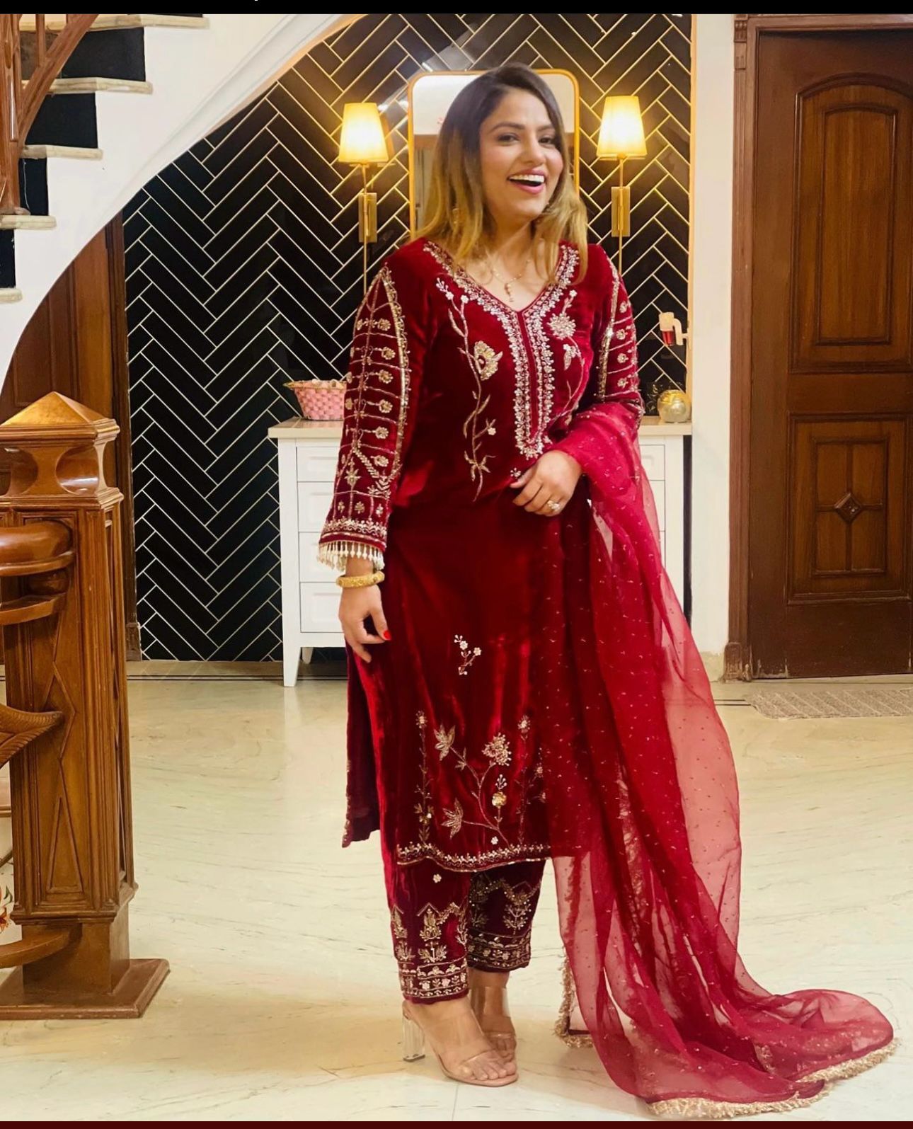 Fancy Maroon Colour Velvet With Embroidery Work Salwar Set