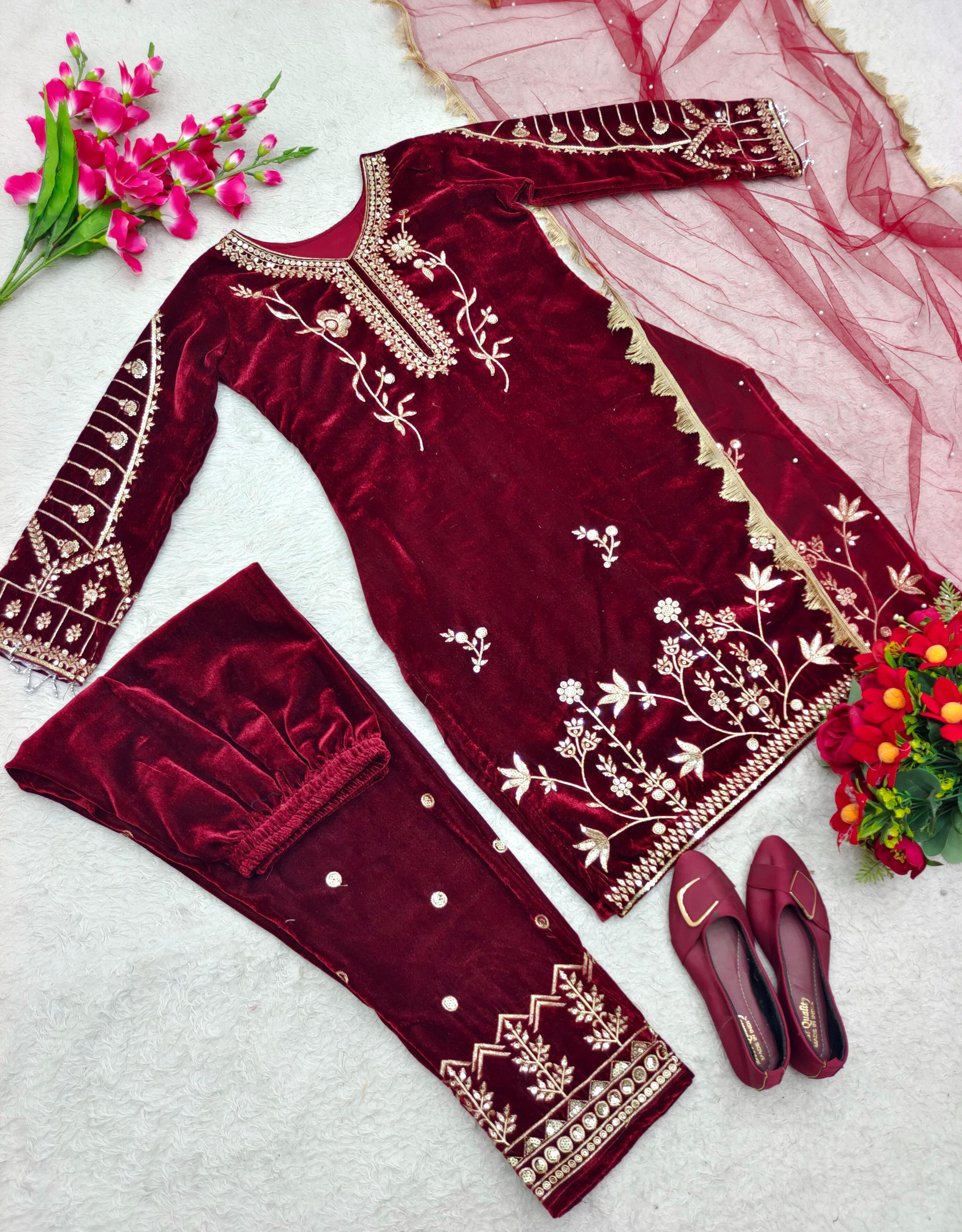 Fancy Maroon Colour Velvet With Embroidery Work Salwar Set