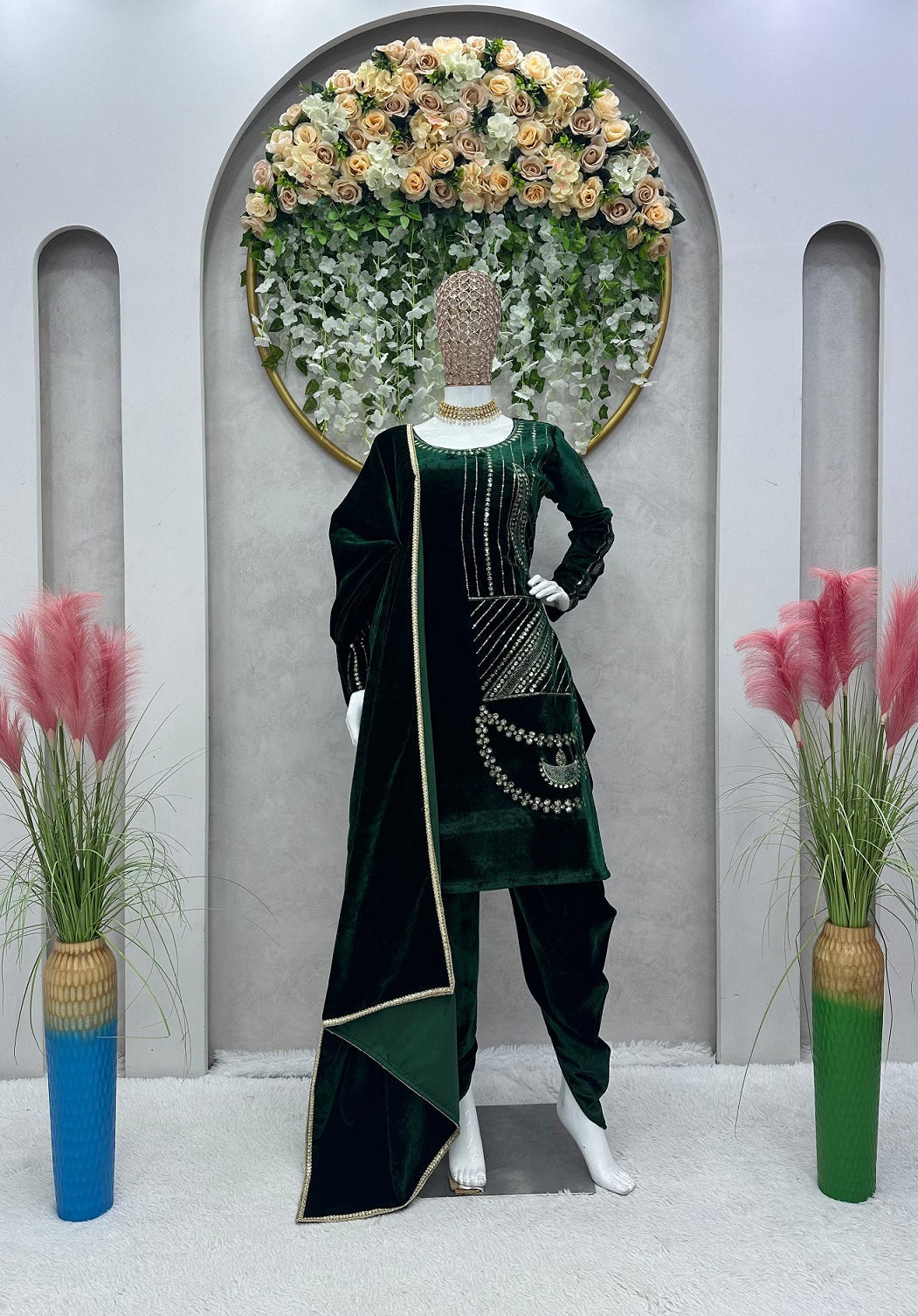 Pretty Sequence Work Dark Green Color Velvet Dhoti Suit