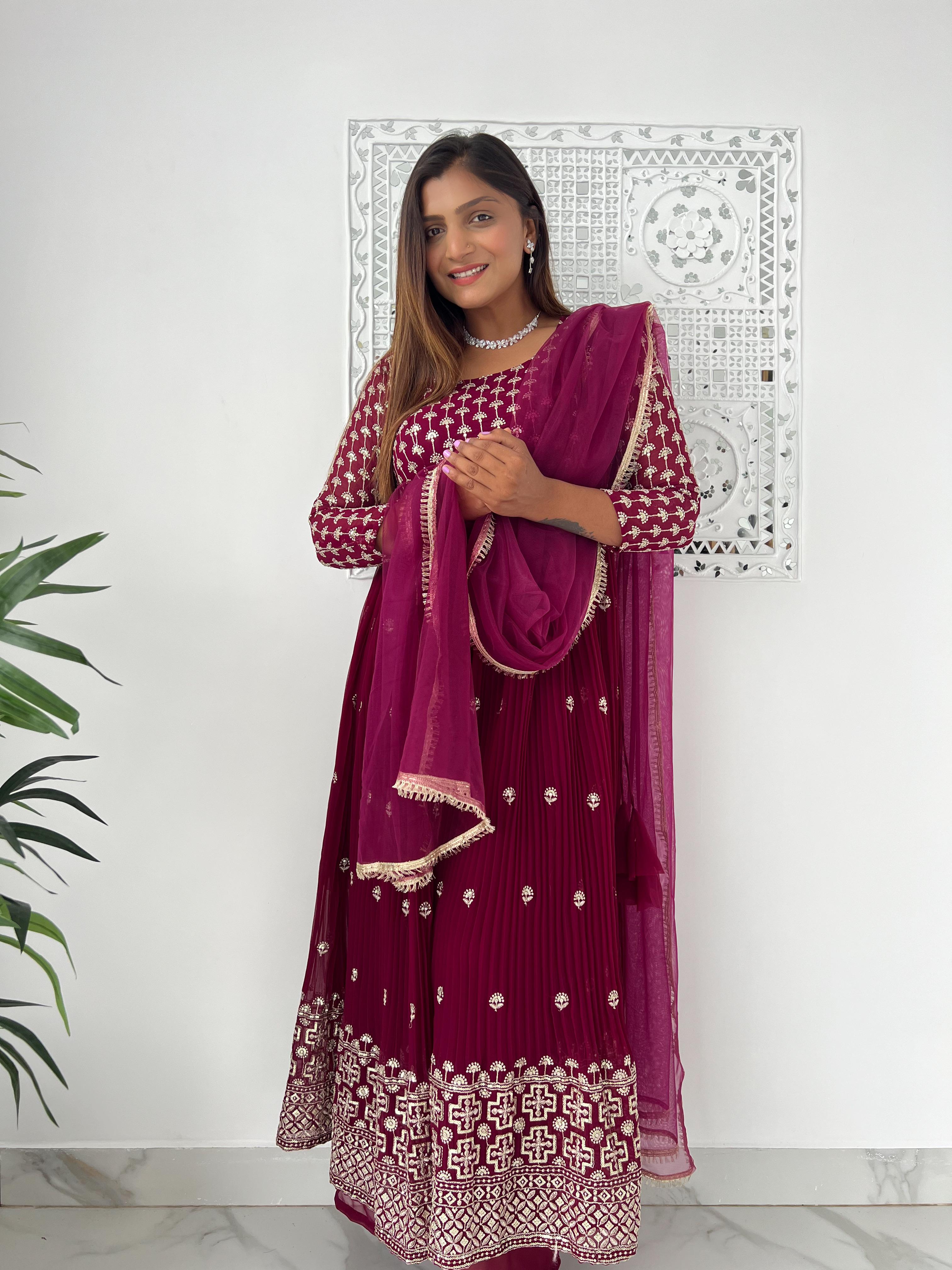 Nyra Cut Fancy Wine Color Kurti Palazzo Set With Dupatta