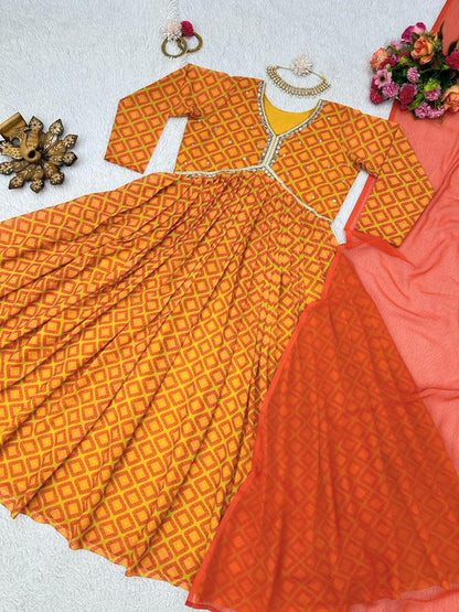 Alia Cut Digital Print Yellow Color Gown With Dupatta