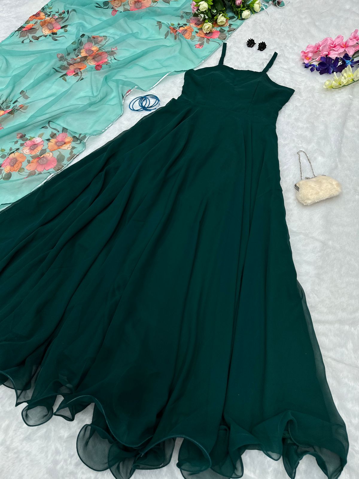 Trendy Plain Dark Green Color Gown With Printed Dupatta