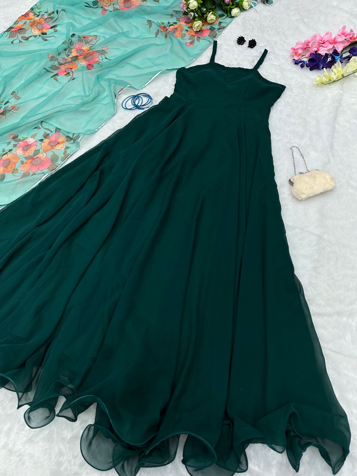 Trendy Plain Dark Green Color Gown With Printed Dupatta