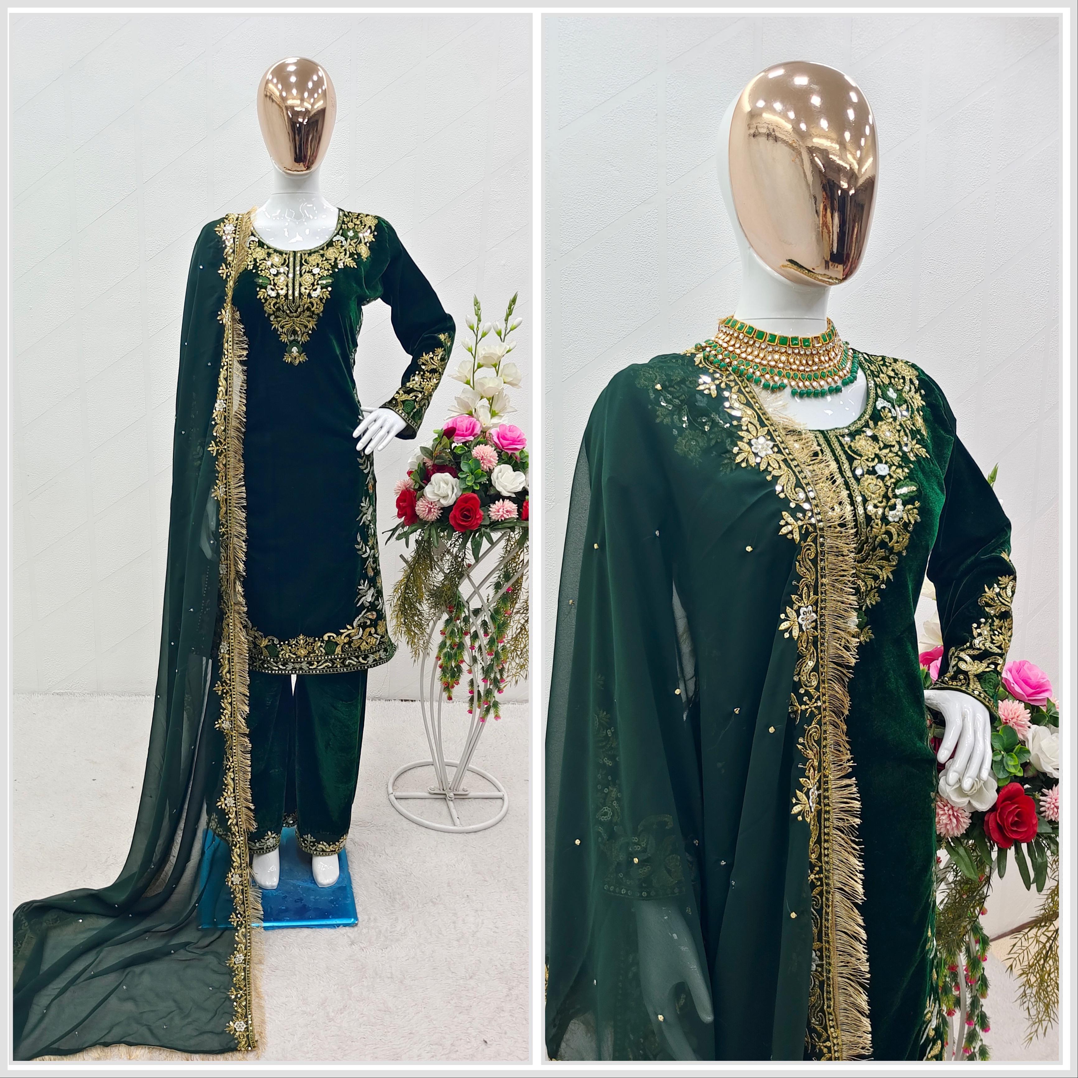 Exclusive Embroidery Work Green Velvet Anarkali Suit