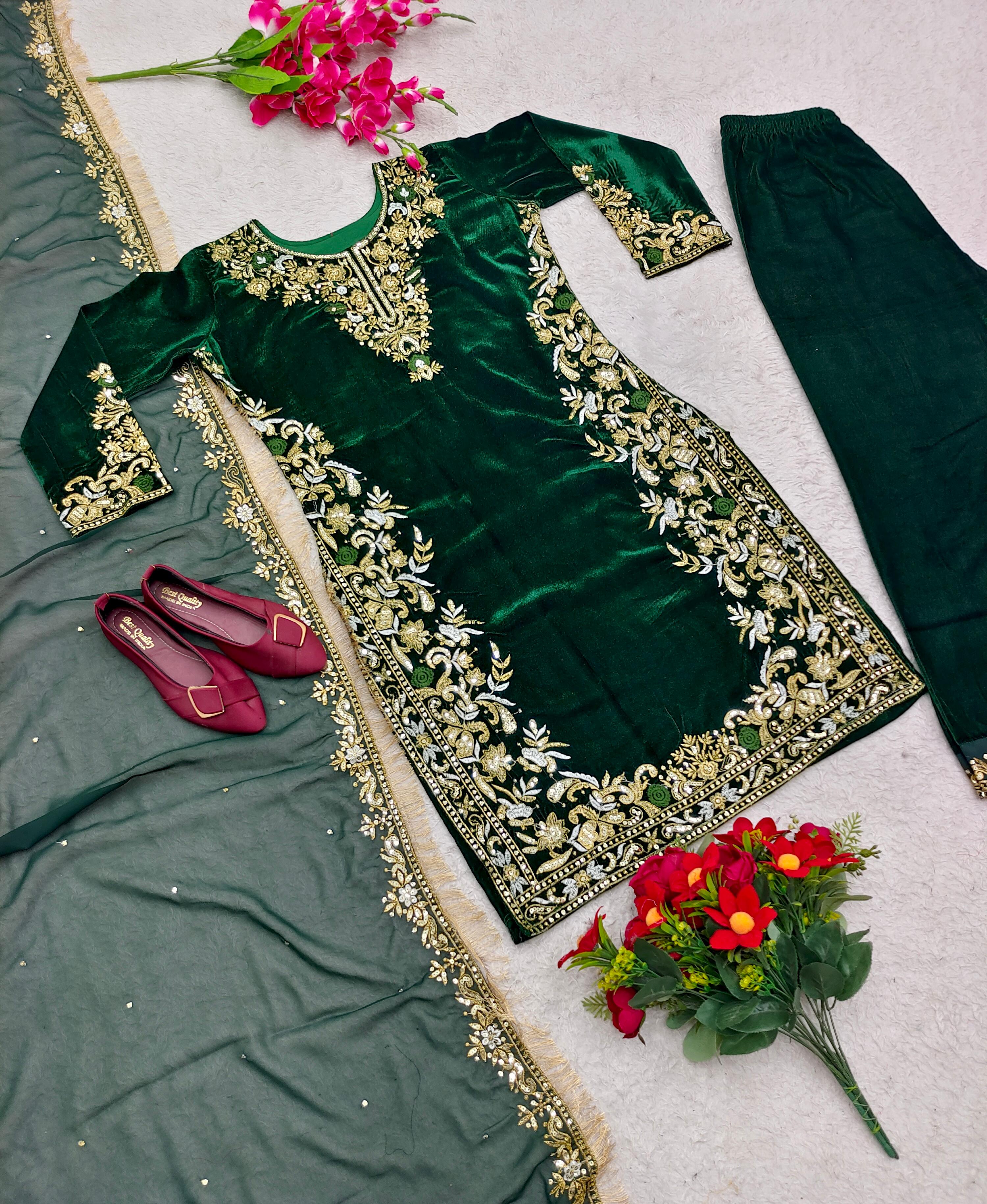 Exclusive Embroidery Work Green Velvet Anarkali Suit